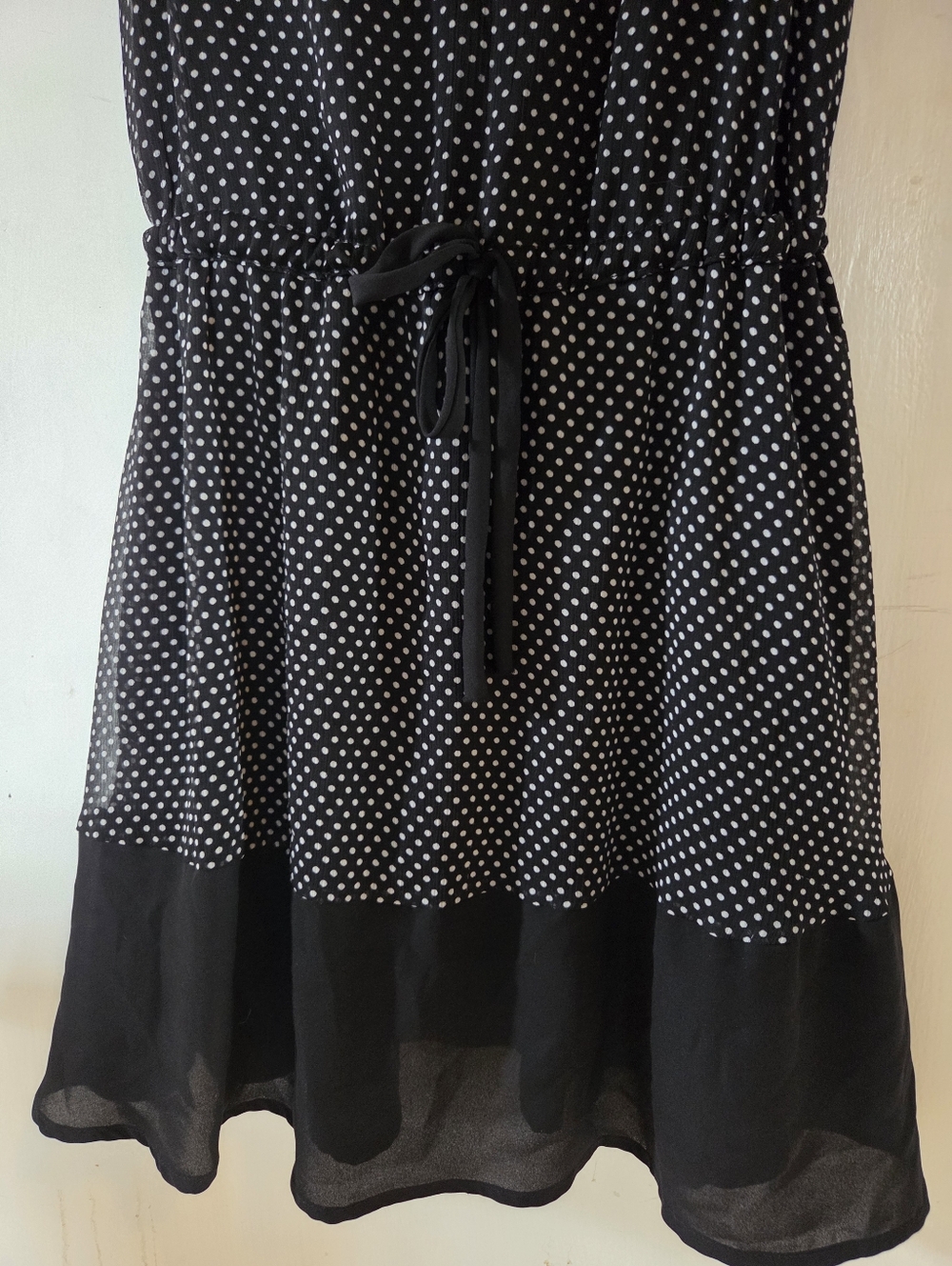 Black Polka Dot Mini Dress with Drawstring Waist and Sleeveless V-Back